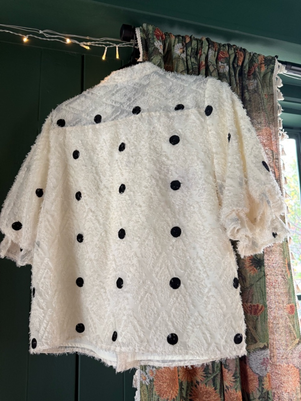 THML Textured Polka Dot Blouse Tie Neck Top Cream Black Size M - Picture 2 of 6